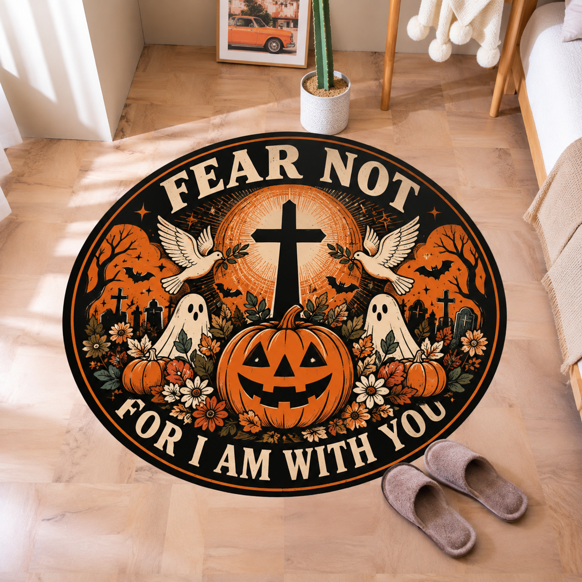 Fear Not Pumpkin Ghost Halloween Round Rug