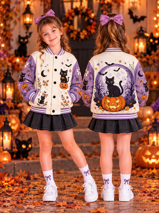 Black Cat Pumpkin Kids Baseball Jacket