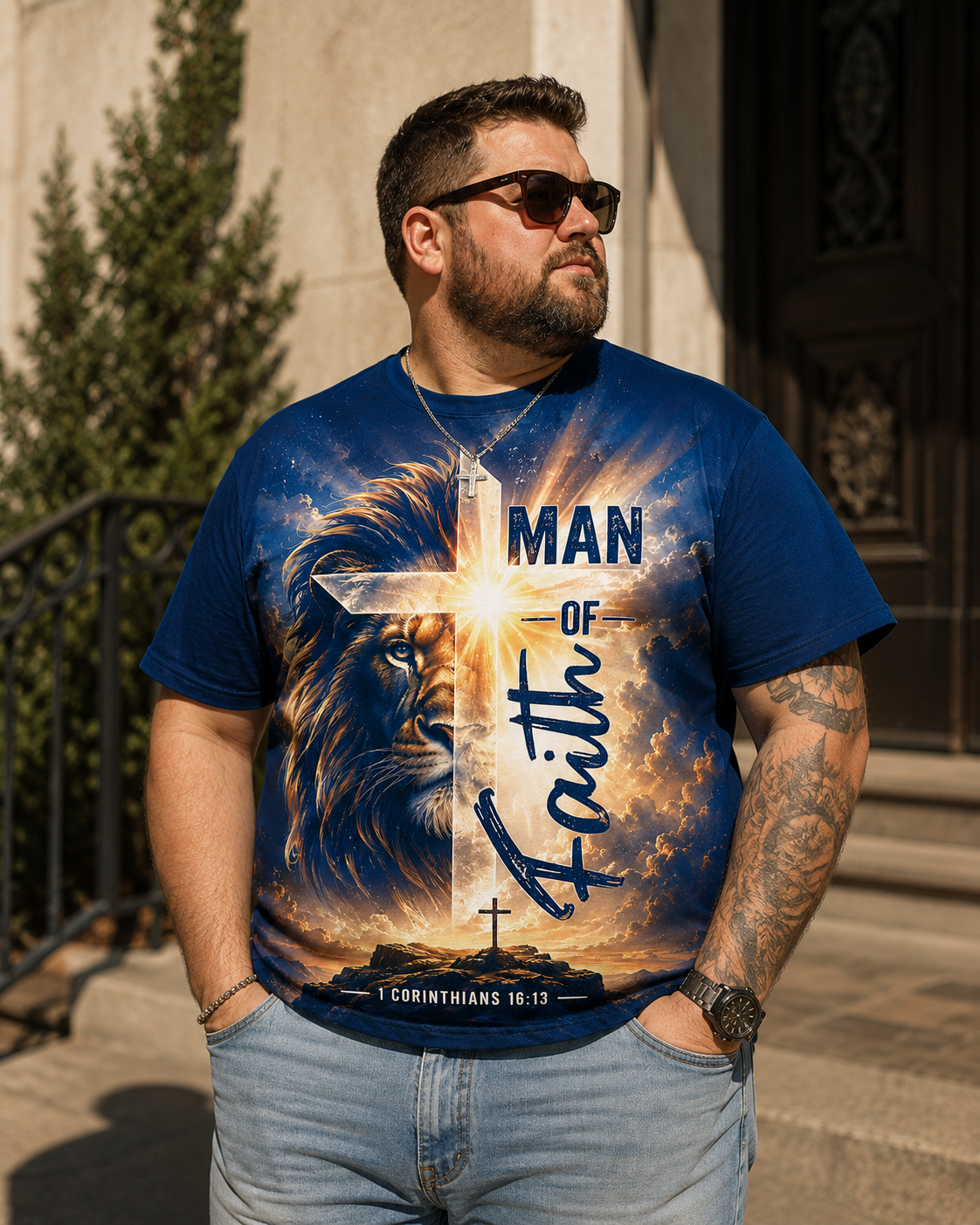 Man of Faith T-Shirt – 1 Corinthians 16:13 Lion of Judah Christian Shirt for Men
