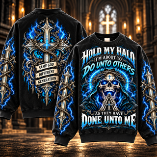 Hold My Halo – Electric Blue Praying Skull Sweatshirt