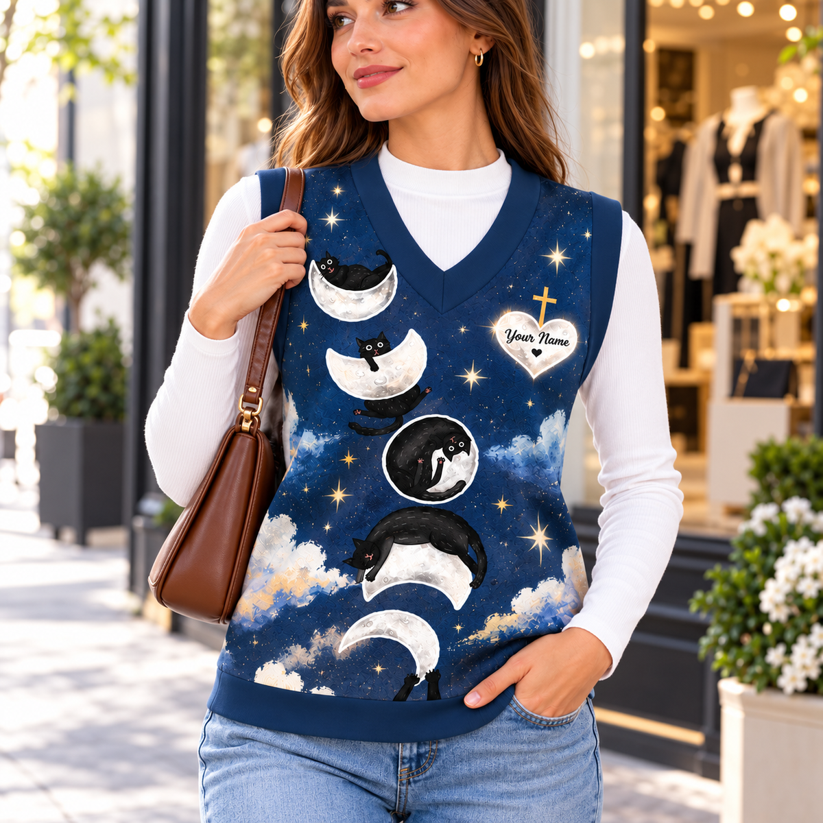 Personalized Black Cat Moon Knitted V-Neck Vest