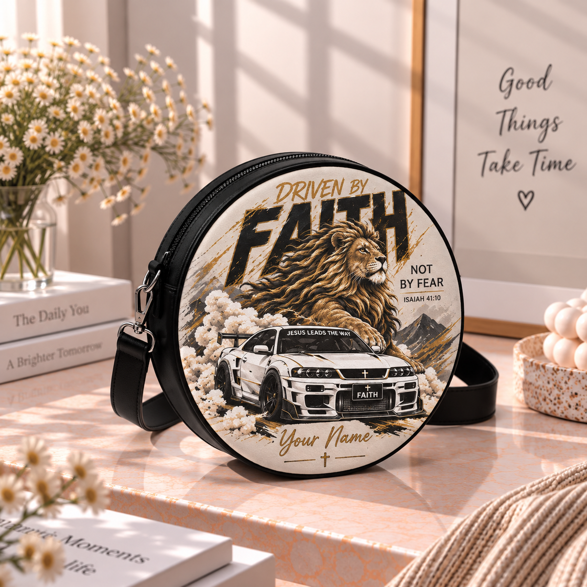 Personalized Driven by Faith Lion Car Leather Round Bag