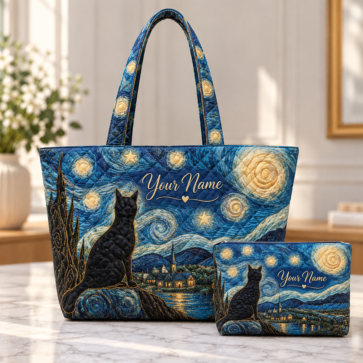 Personalized Starry Night Cat Quilted Shoulder Bag & Storage Bag