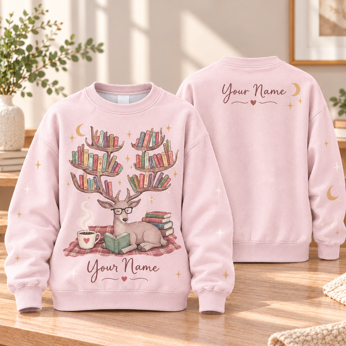 Personalized Pink Bookish Deer Sweatshirt