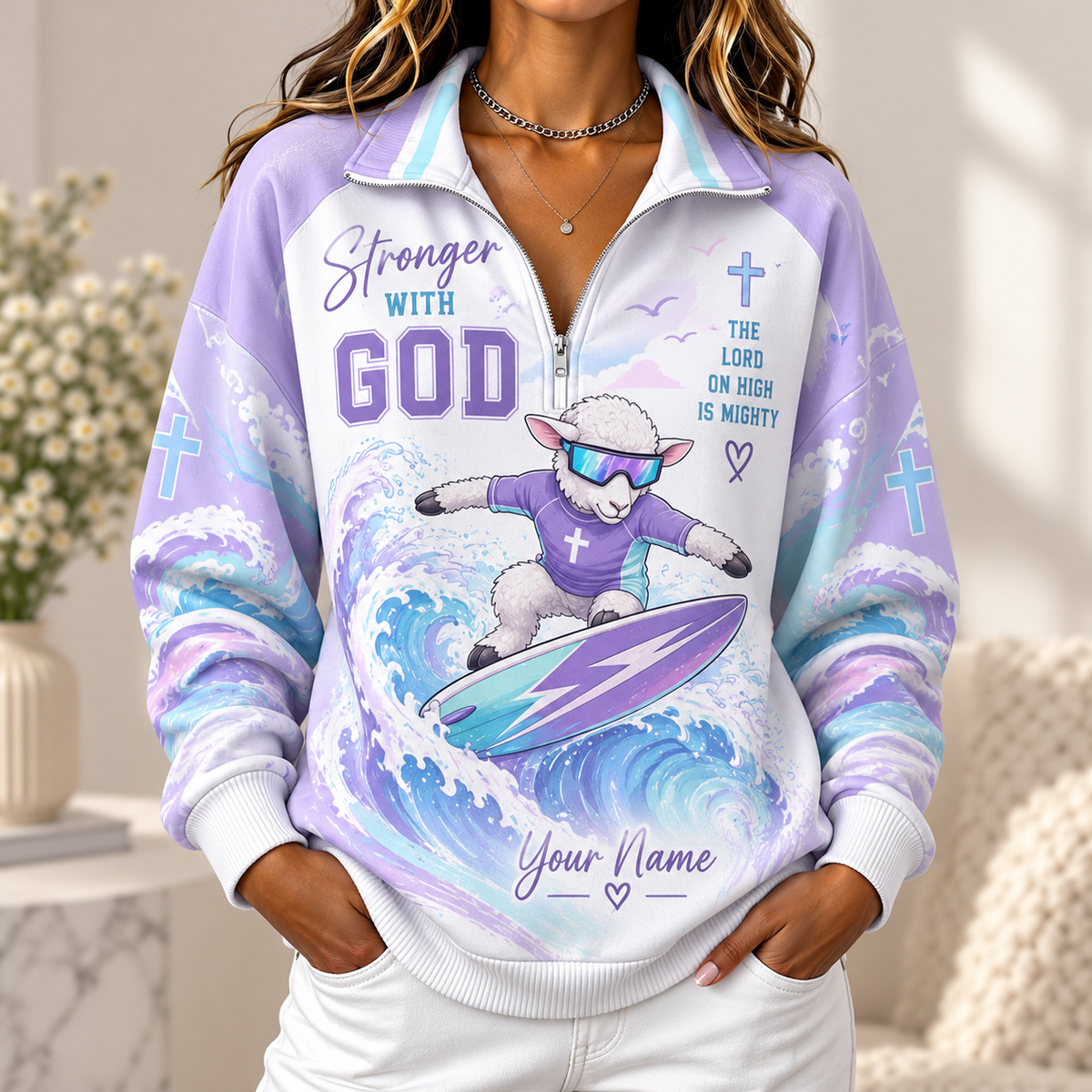 Personalized Surfing Sheep Women's Half-zip Sweatshirt NWY076