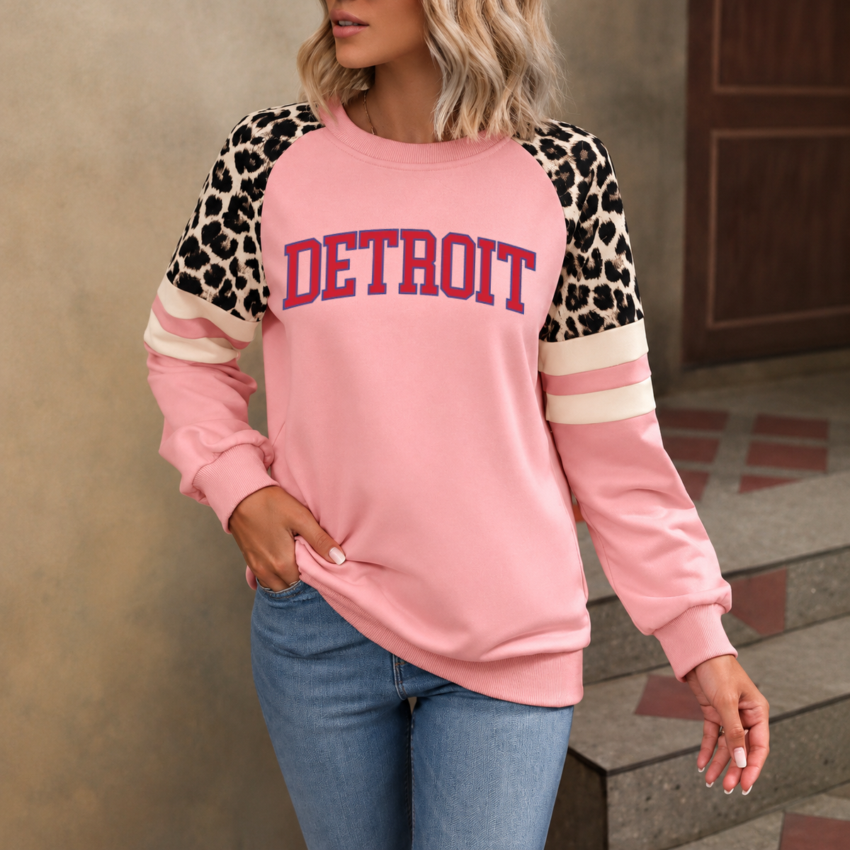 Detroit God Is In DET Leopard Sleeve Sweatshirt