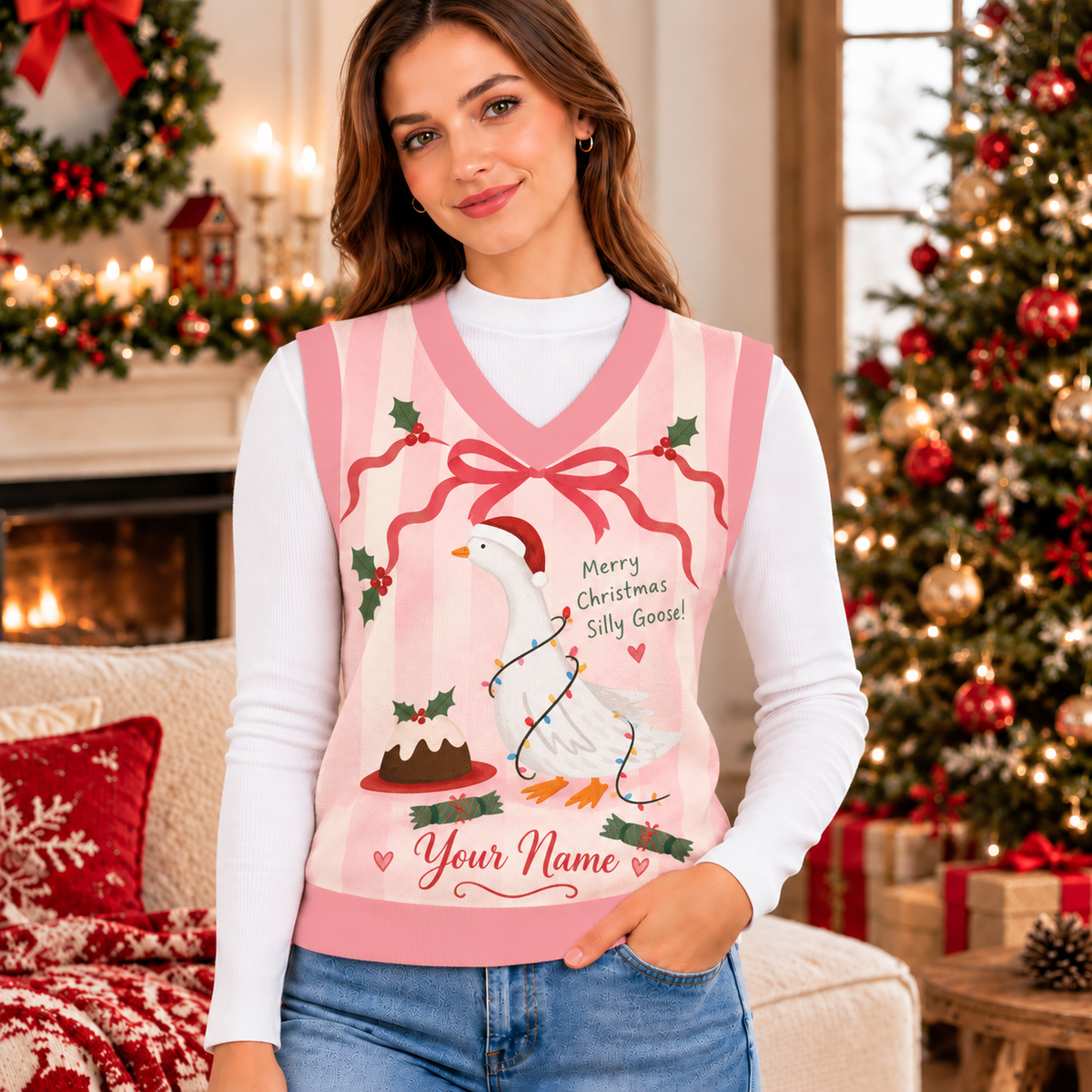 Personalized Pink Silly Goose Knitted V-Neck Vest