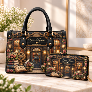 Personalized Ornate Bookshop PU Leather Handbag & Leather Long Wallet