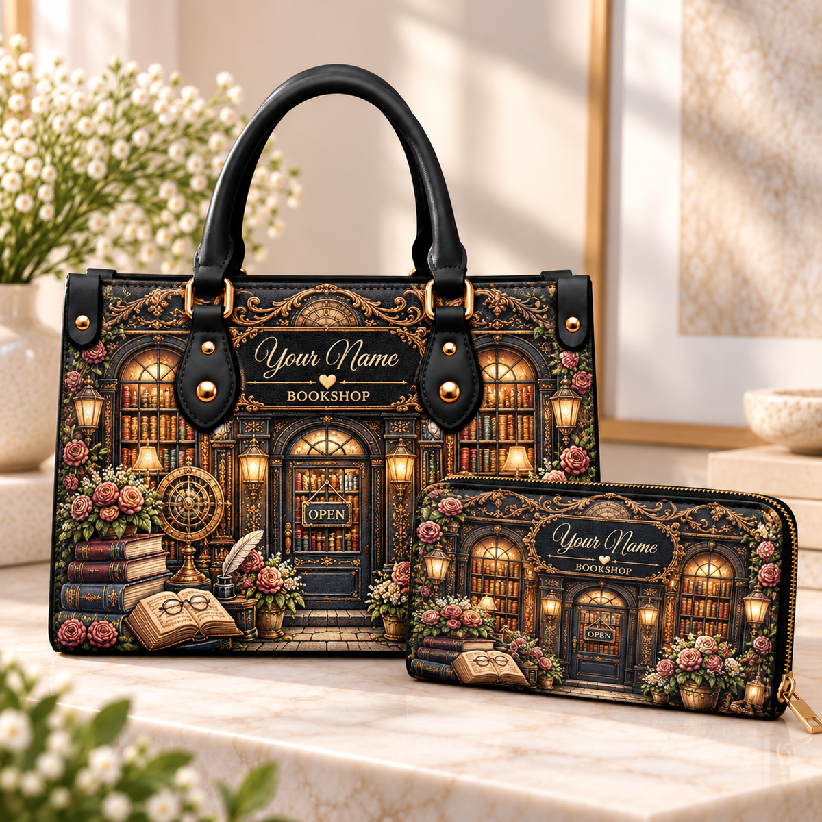 Personalized Ornate Bookshop PU Leather Handbag & Leather Long Wallet