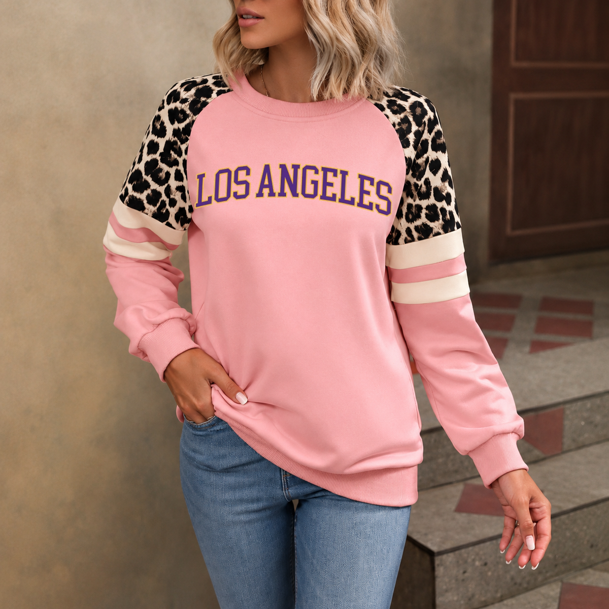 Los Angeles God Is In LA Leopard Sleeve Sweatshirt