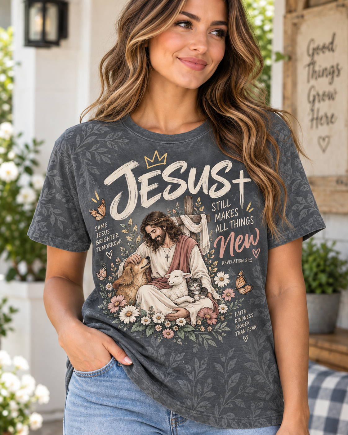 Jesus Still Makes All Things New Revelation 21:5 Charcoal Lamb And Dog T-Shirt