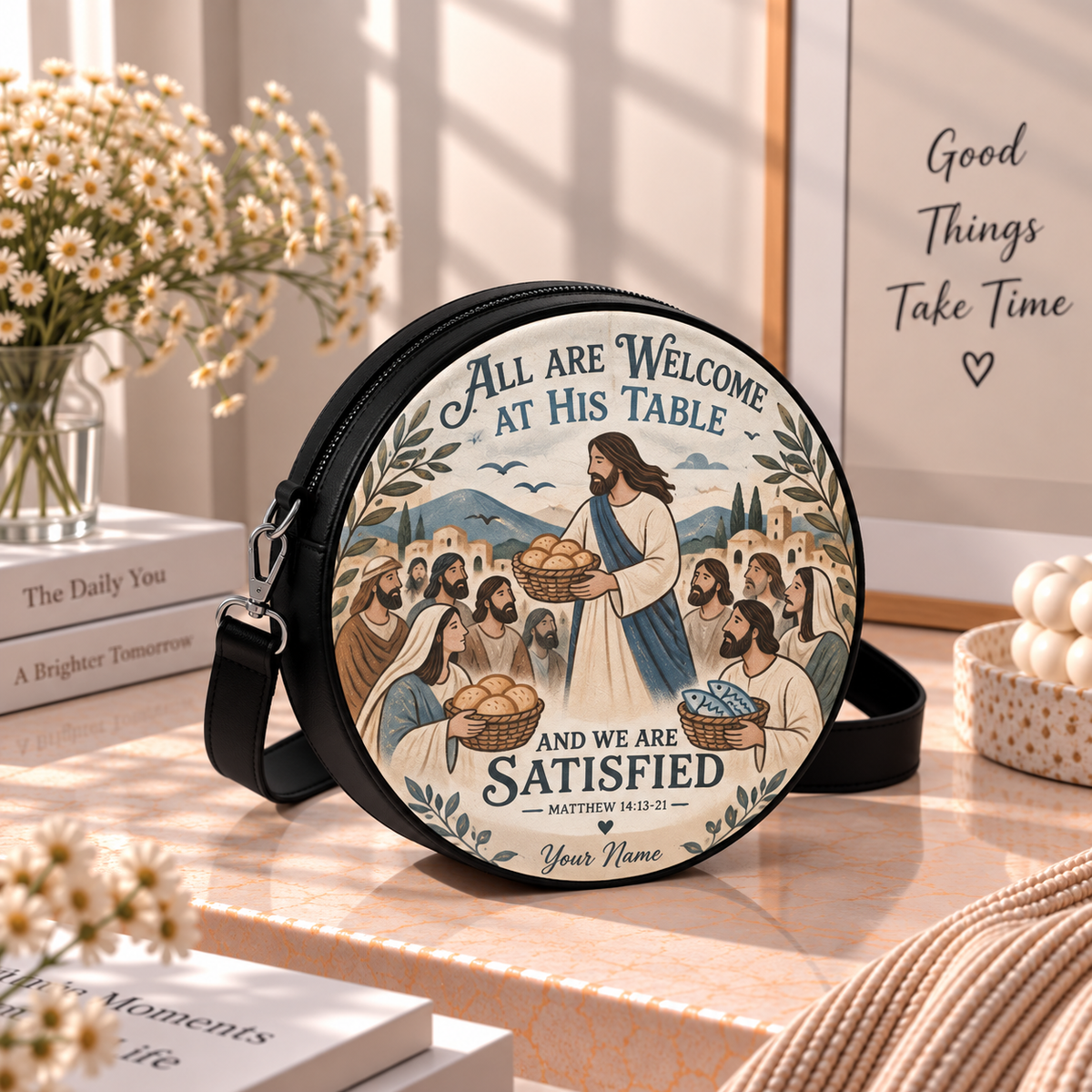 Personalized Jesus Loaves and Fishes Leather Round Bag
