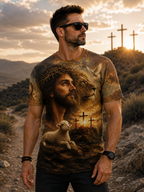 Jesus Lion of Judah T-Shirt – Three Crosses Lamb Dove All-Over Print Christian Shirt for Men