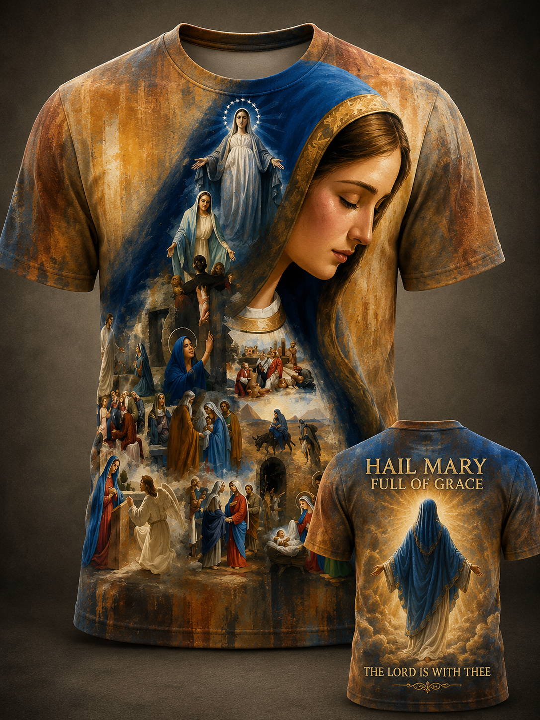 Hail Mary Full of Grace T-Shirt – Life of Mary Baroque Mosaic All-Over Print Catholic Shirt