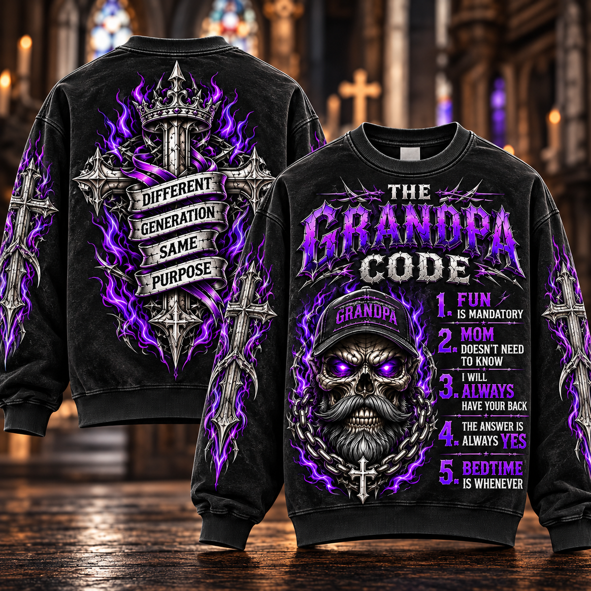 The Grandpa Code – Funny Purple Skull Sweatshirt