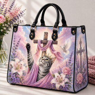 Crowned Tabby Cat Wooden Cross Purple PU Leather Handbag