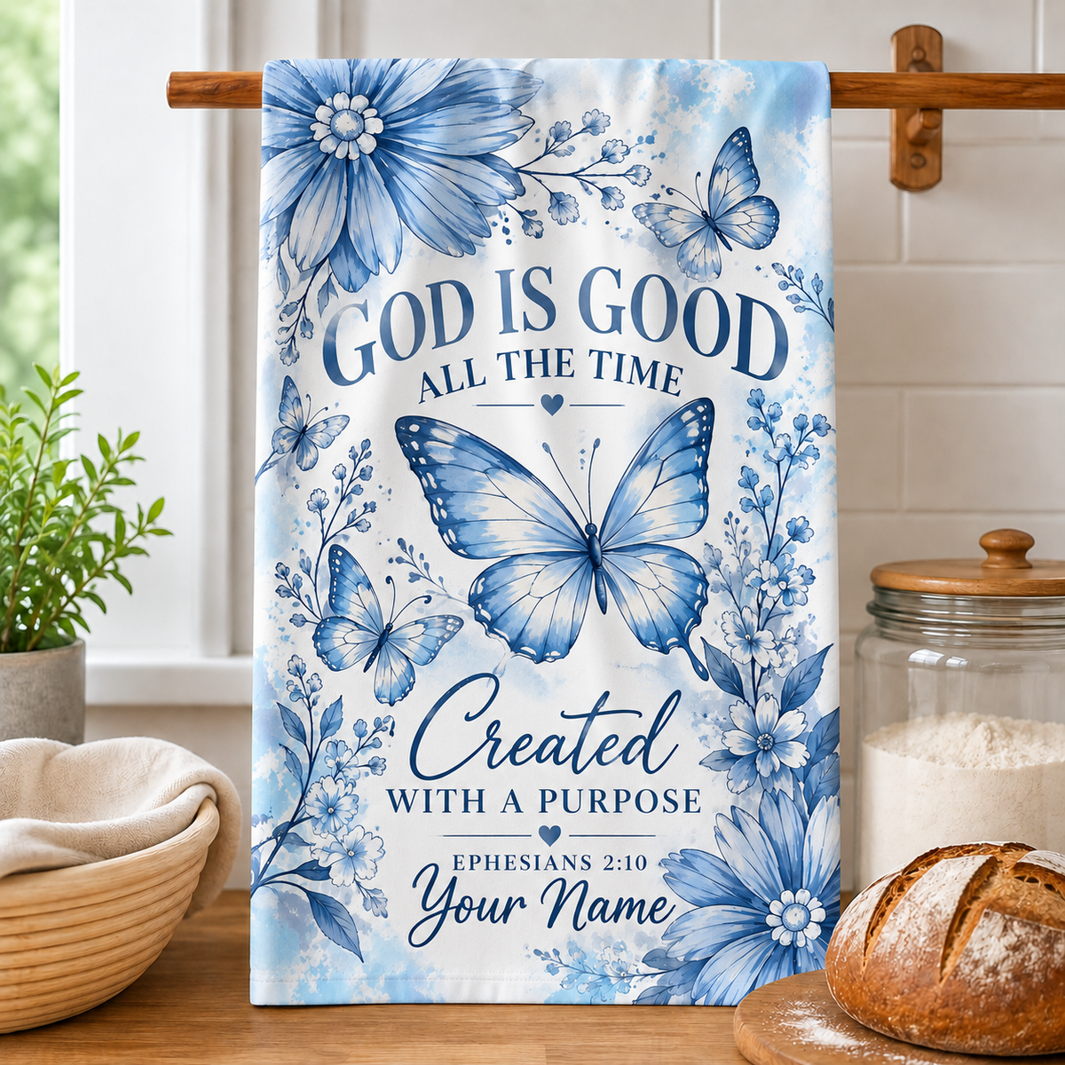 Personalized God Is Good Butterfly Kitchen Towel
