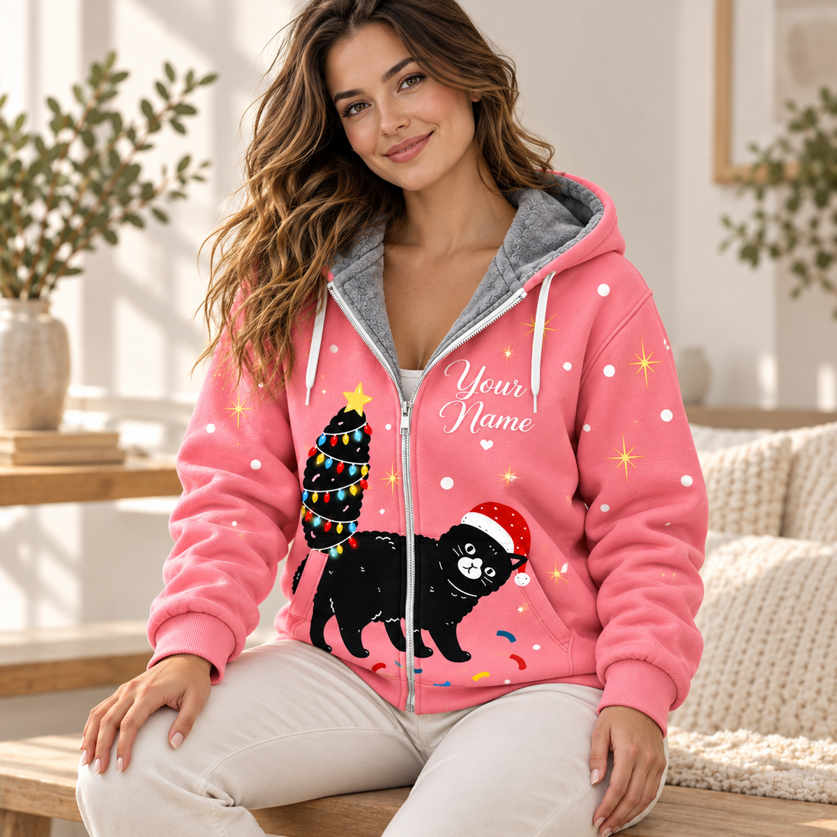 Black Cat Christmas Personalized Fleece Jacket