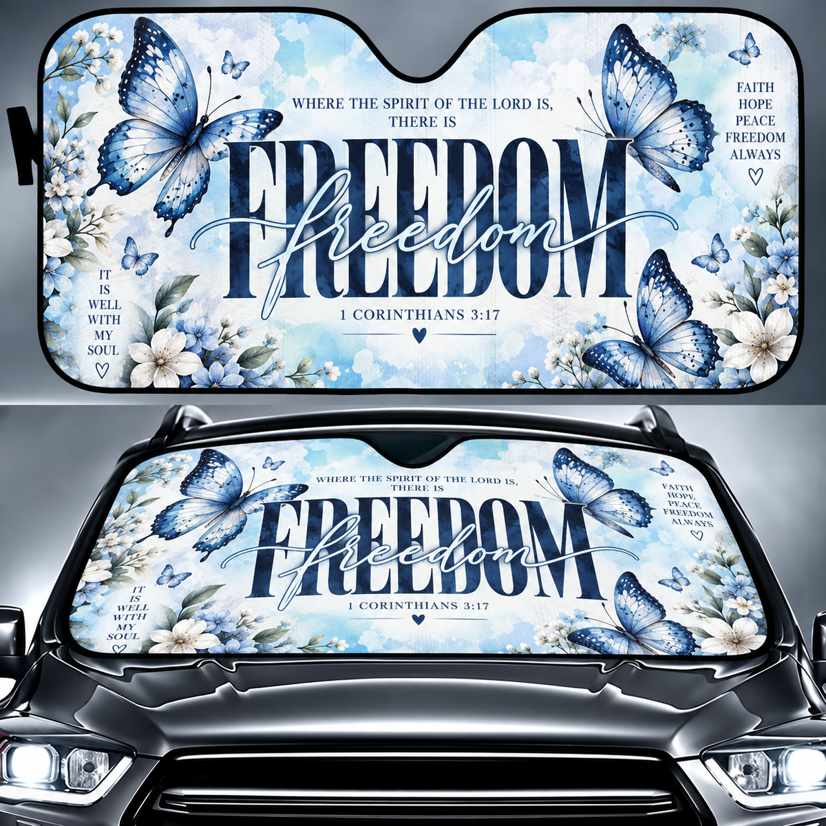 Freedom Blue Butterfly Car Sun Shade