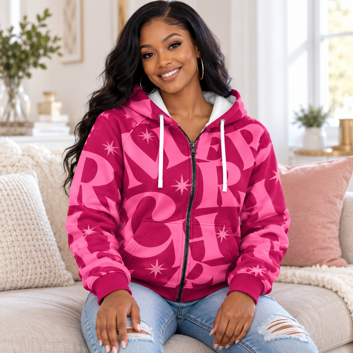 Pink Typography Starburst Zip Hoodie