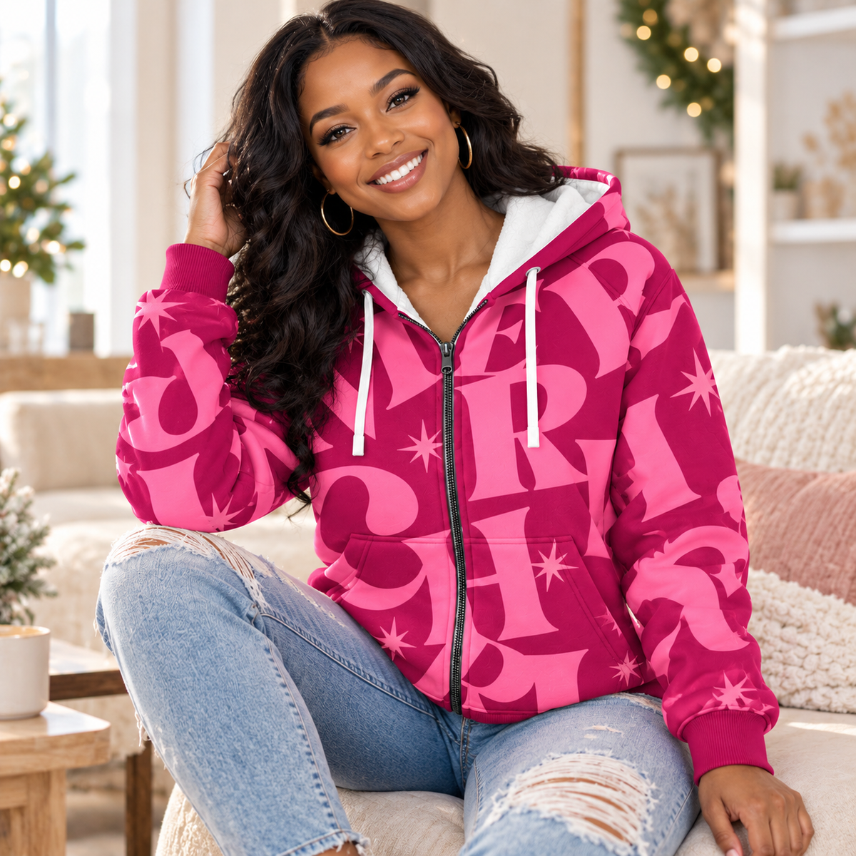Pink Typography Starburst Zip Hoodie