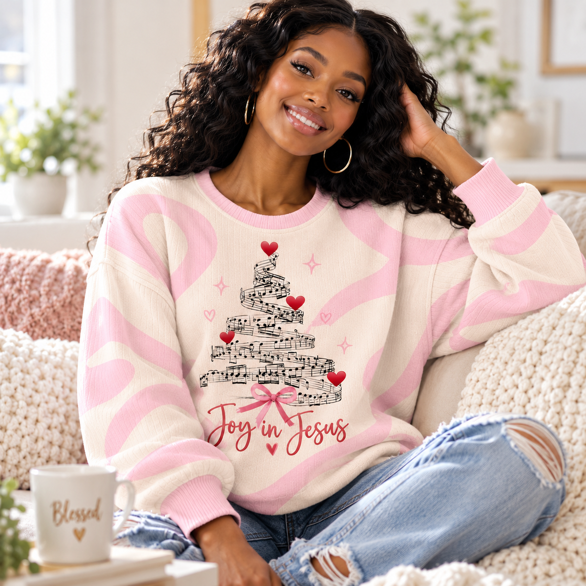 Pink Musical Notes Tree Waffle Sweatshirt