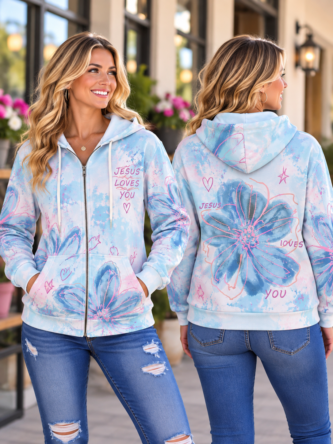 Jesus Loves You Blue Floral Zip Hoodie