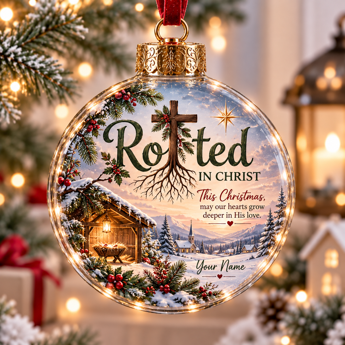 Personalized Snowy Mountain Village Christmas Ball Ornament