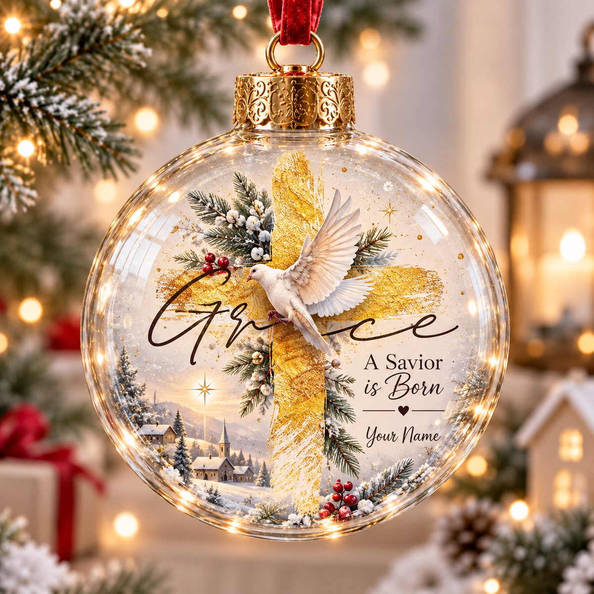 Personalized White Dove Gold Winter Christmas Ball Ornament