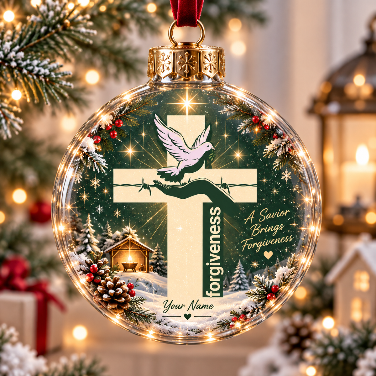 Personalized White Dove Evergreen Christmas Ball Ornament