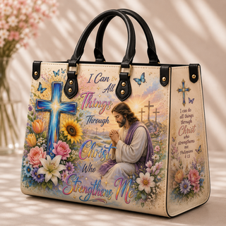 Jesus Praying Blue Glowing Cross Sunflower PU Leather Handbag