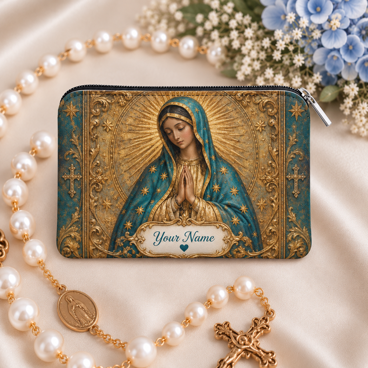 Teal and Gold Virgin Mary Personalized PU Leather Pouch