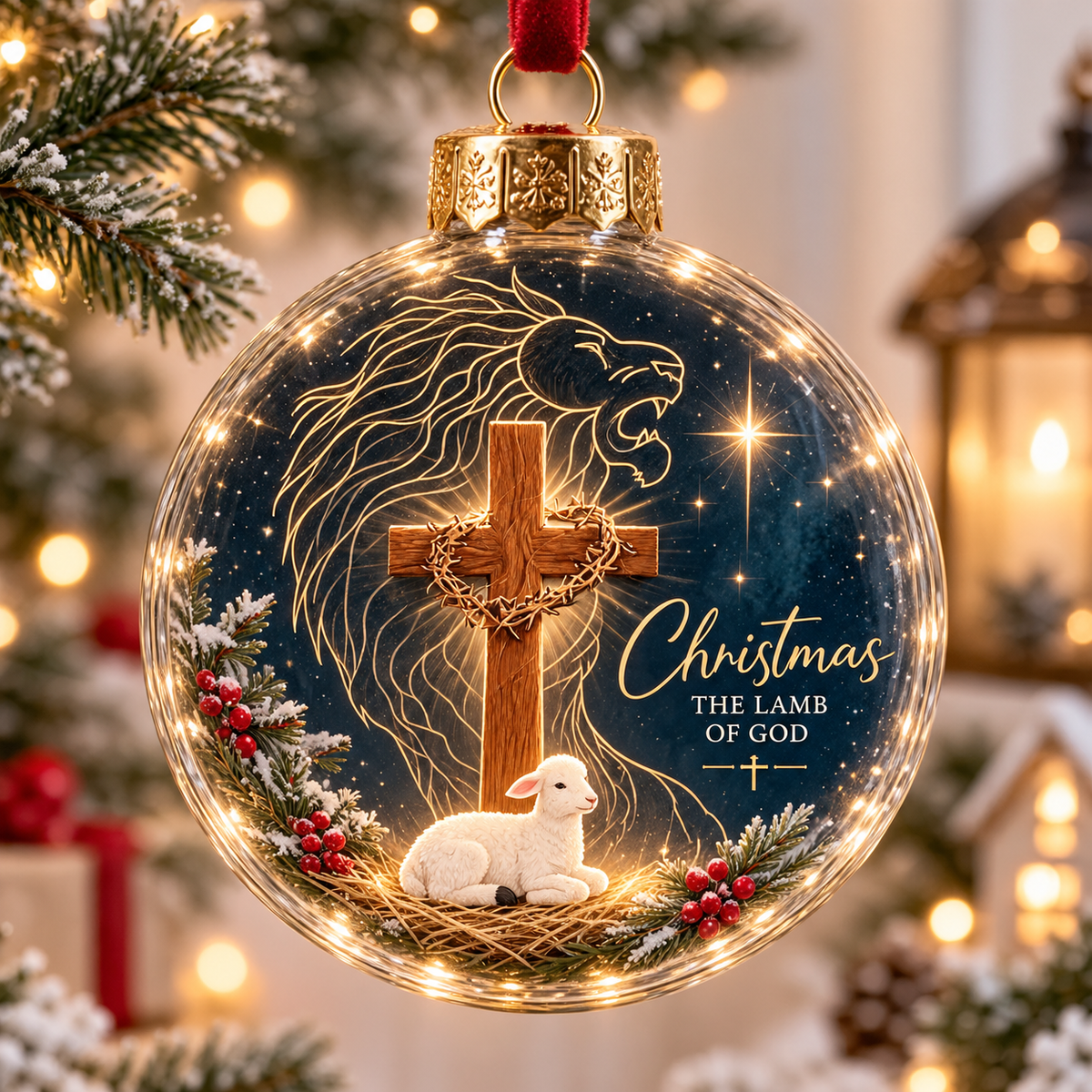 Golden Lion White Lamb Christmas Ball Ornament