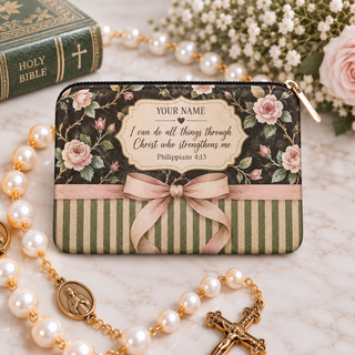 Christ Strengthens Me Rose Bow Personalized PU Leather Pouch