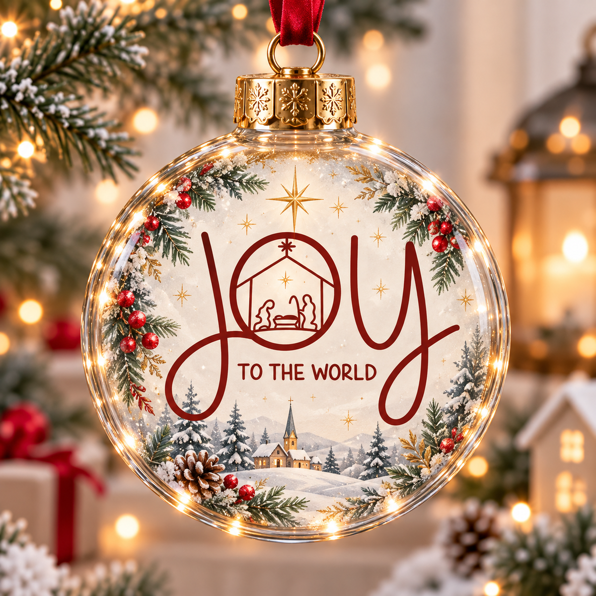 Red Lettering Snowy Village Christmas Ball Ornament