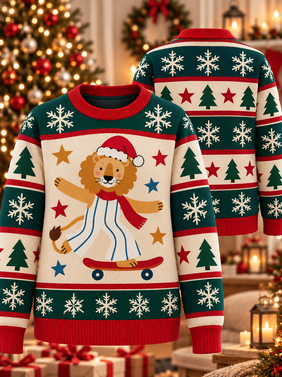 Skateboarding Lion Ugly Sweater