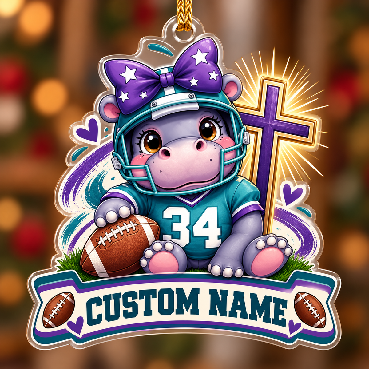 Personalized Football Hippo and Cross Ornament
