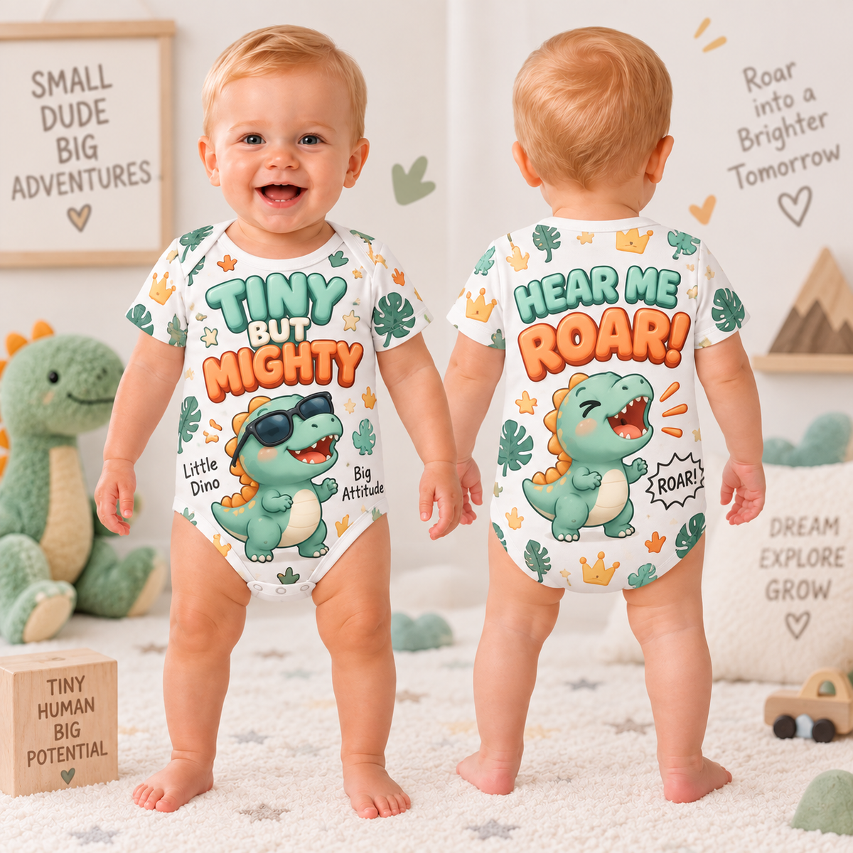 Tiny But Mighty Dinosaur Baby Bodysuit