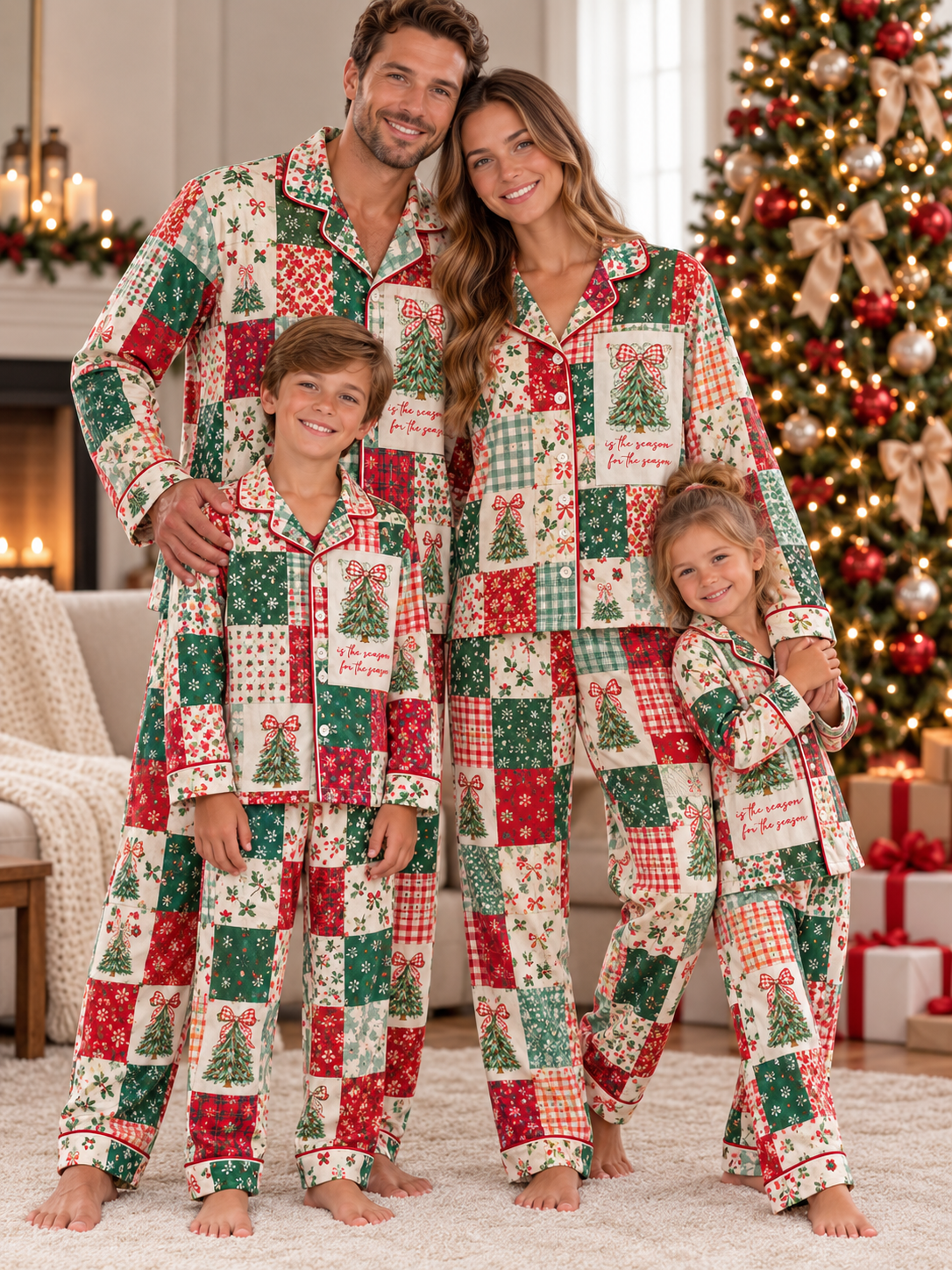 Christmas Tree Patchwork Family Ice Silk Pajamas