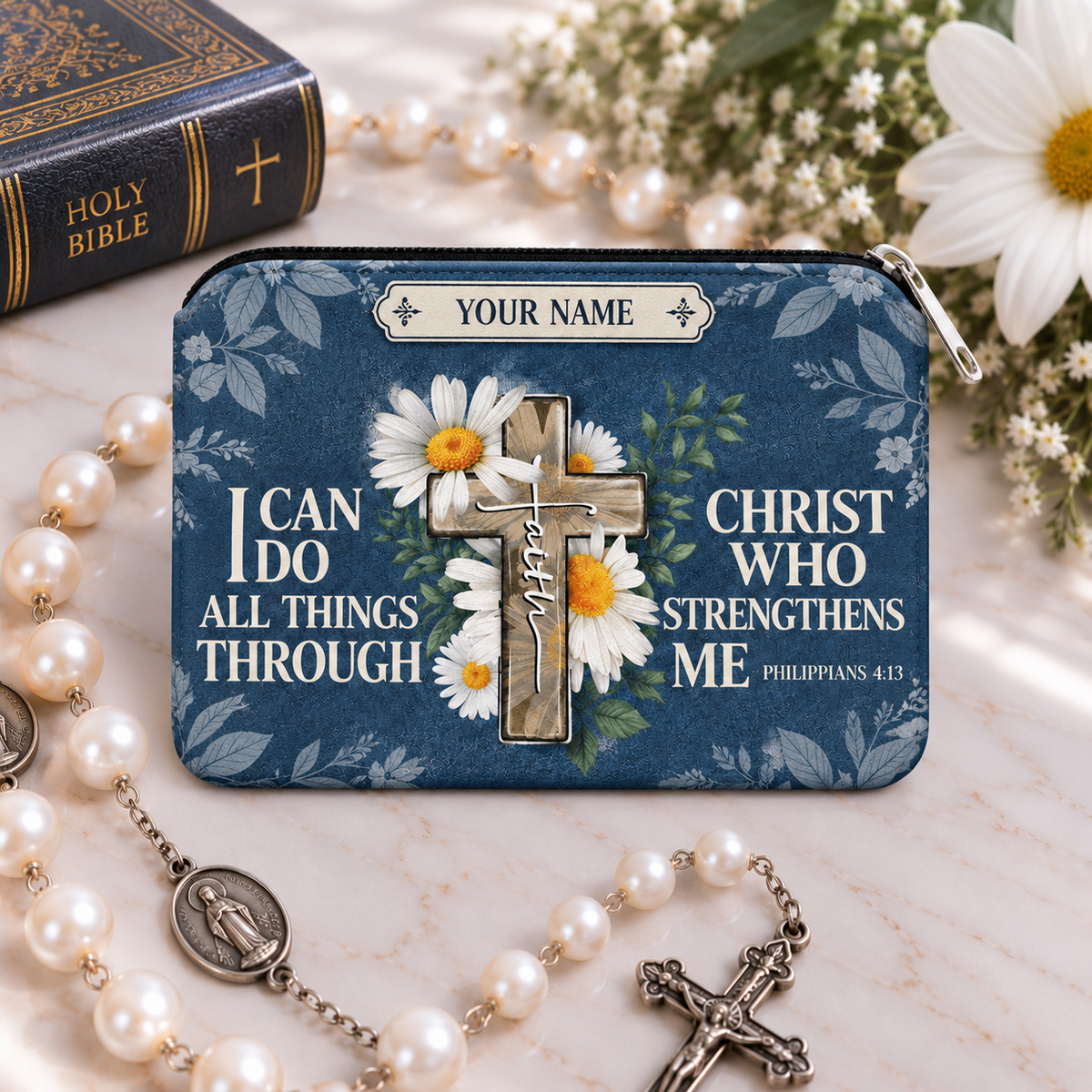 Faith Cross Daisies Personalized PU Leather Pouch