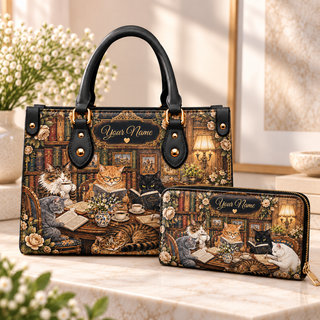 Personalized Book Club Cats PU Leather Handbag & Leather Long Wallet