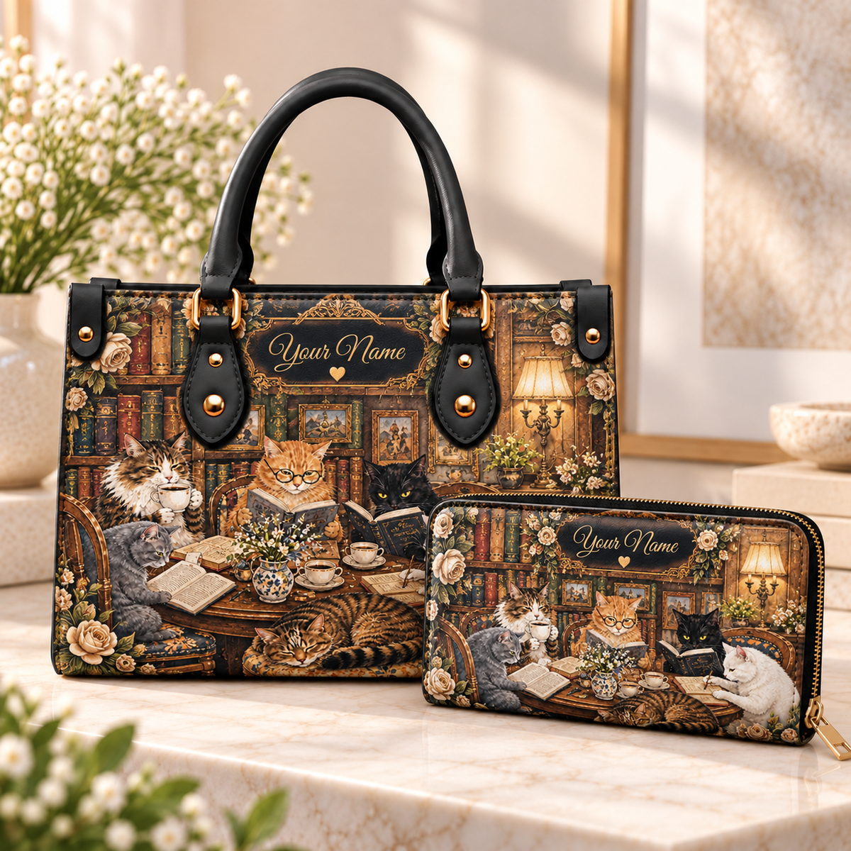 Personalized Book Club Cats PU Leather Handbag & Leather Long Wallet