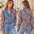 Orange Hibiscus V-Neck Lace Trim Shirt