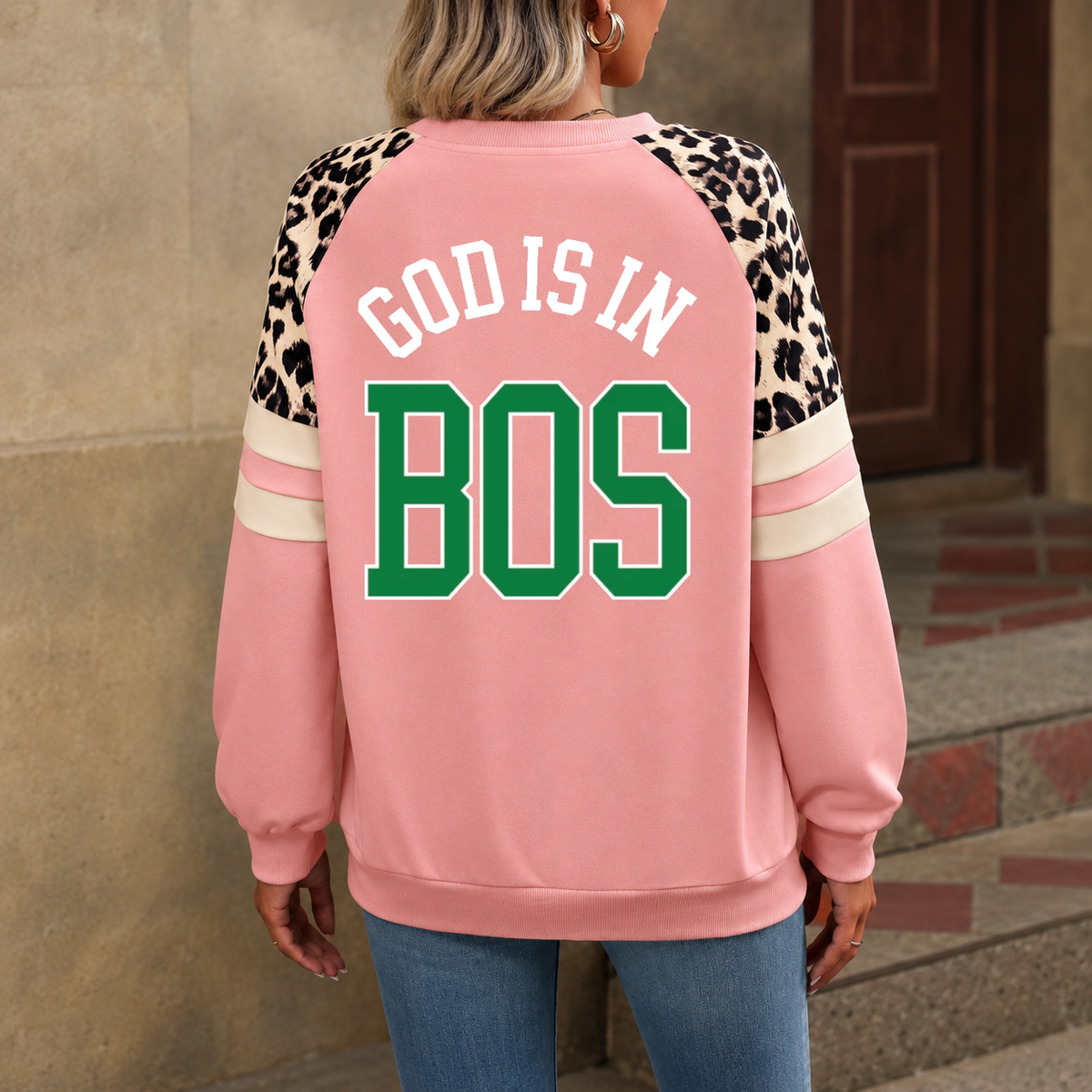 Boston God Is In BOS Leopard Sleeve Sweatshirt