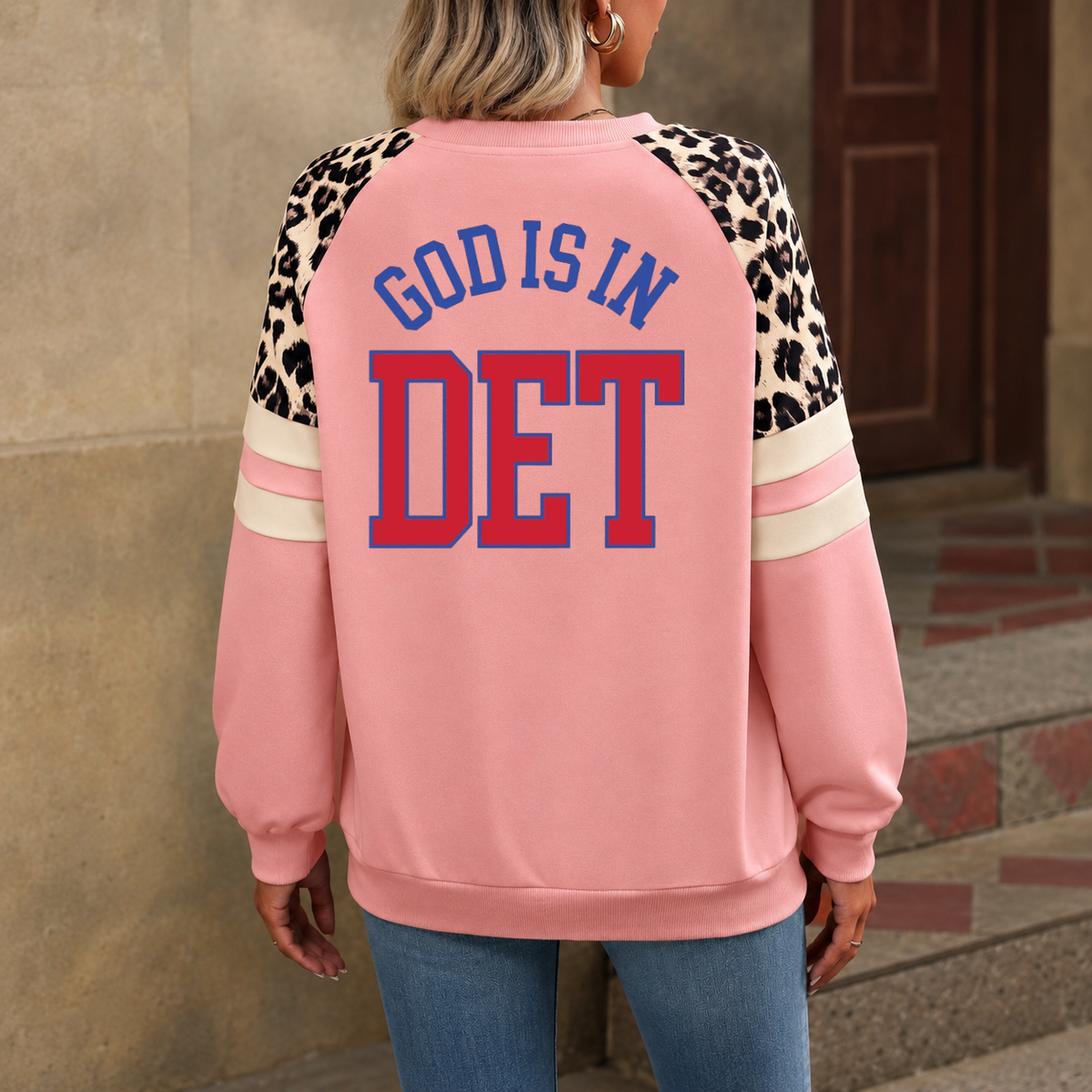 Detroit God Is In DET Leopard Sleeve Sweatshirt