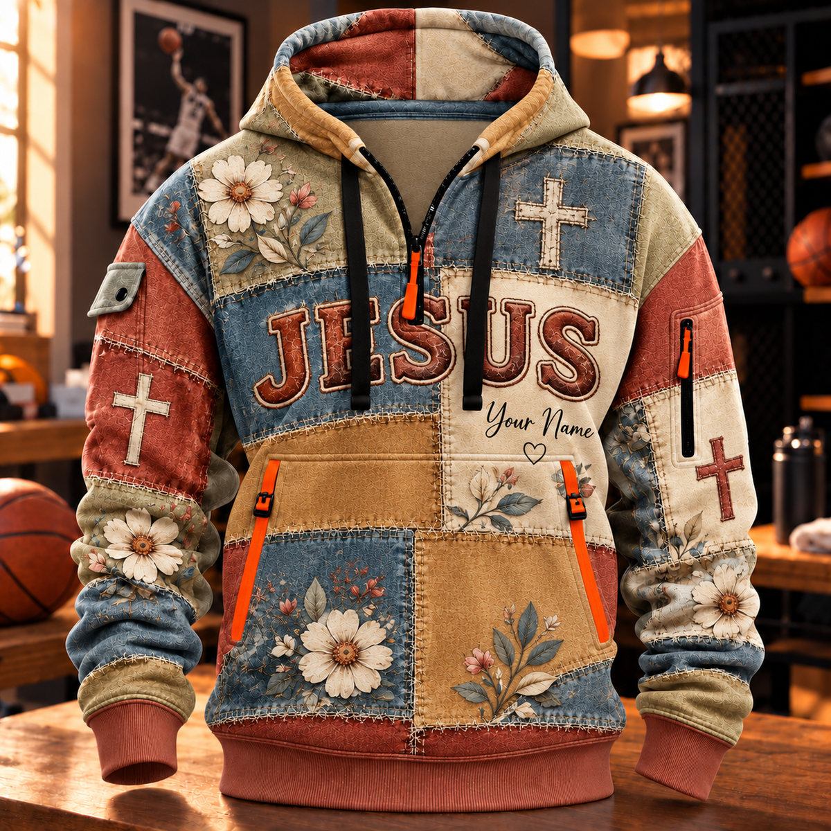 Personalized Vintage Floral Patchwork Half-Zip Hoodie