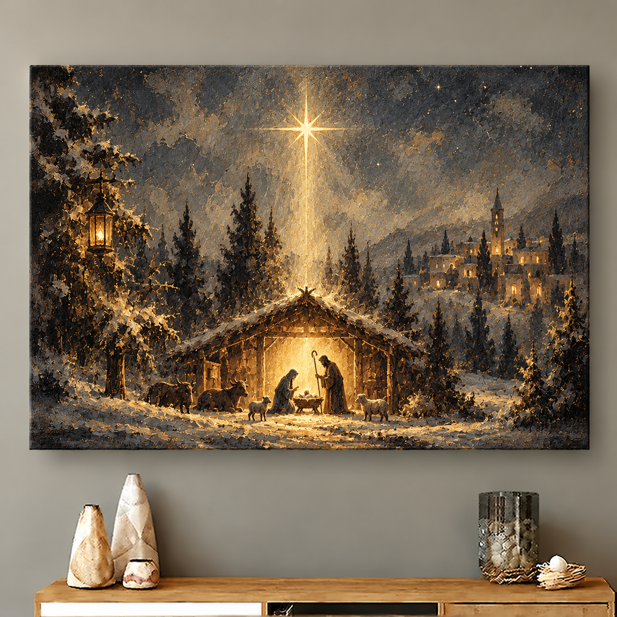 Golden Star Snowy Stable Canvas