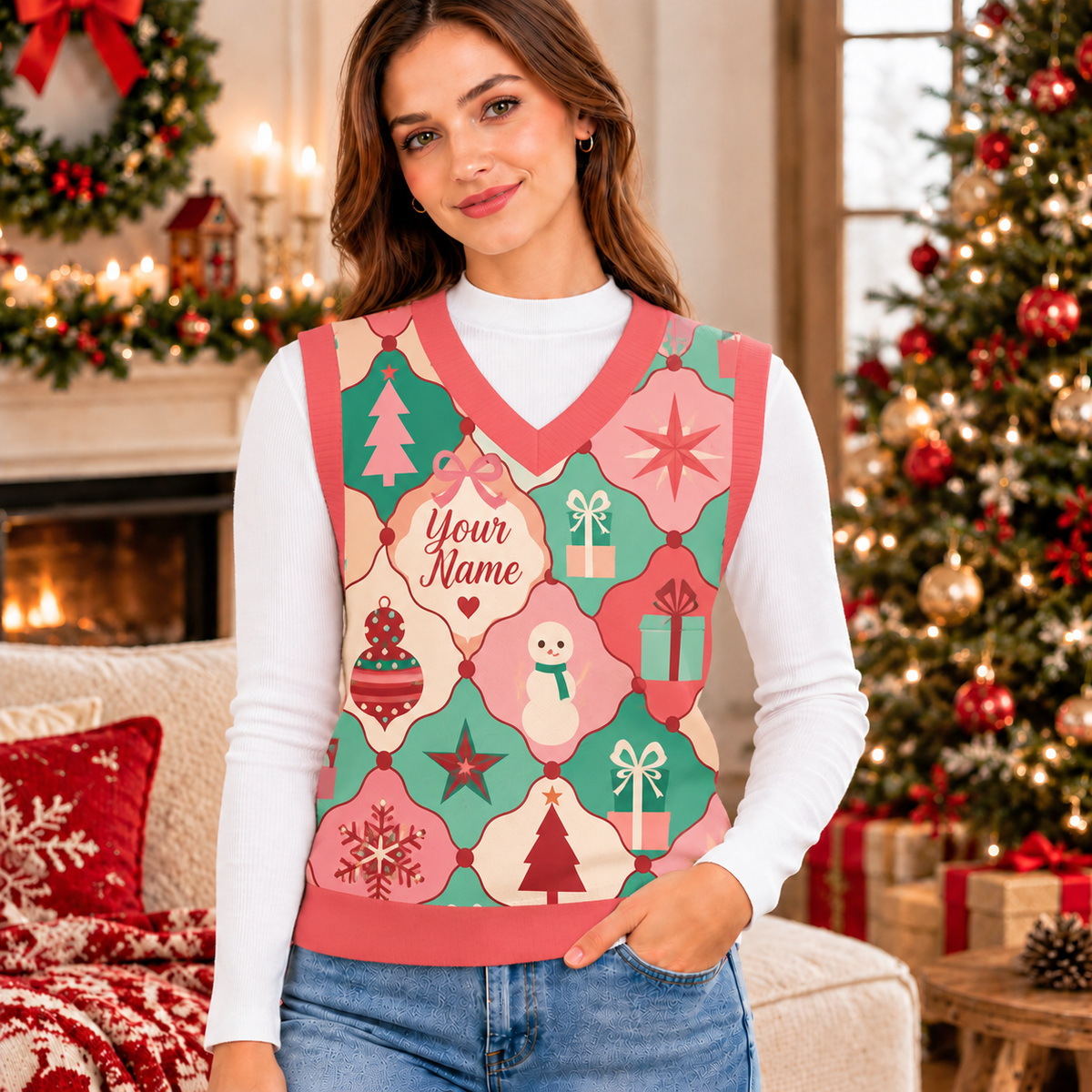Personalized Snowman Gift Pattern Knitted V-Neck Vest