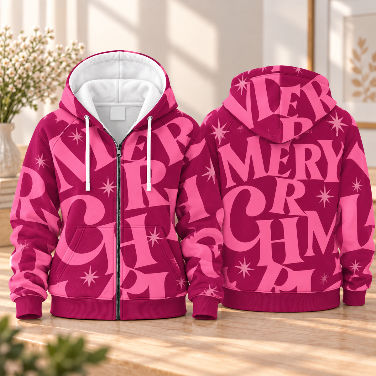Pink Typography Starburst Zip Hoodie