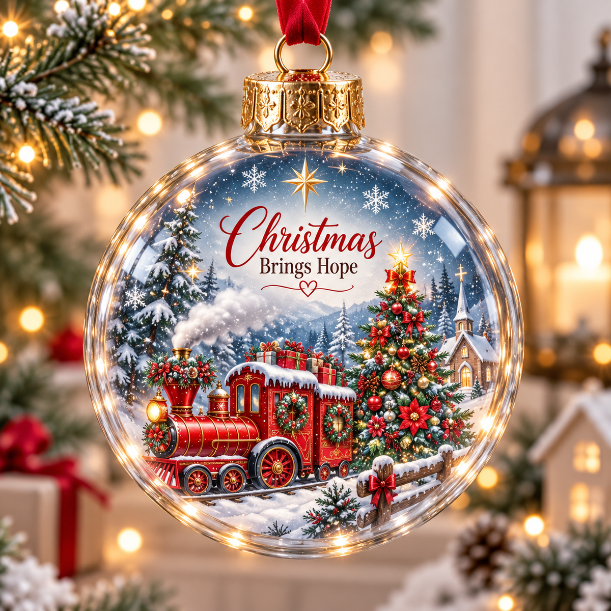 Red Train Snowy Tree Christmas Ball Ornament